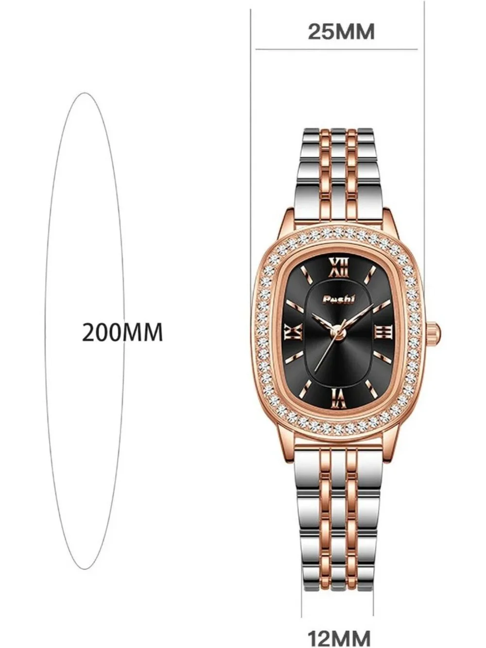 Women's Rose Gold-Black Waterproof Dainty Diamond Oval Analog Luxury Watches